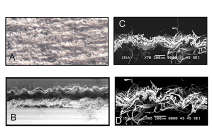 Figure 1. A through D In this graphic are presentation and advertising photographs of good creped products used by our company for years.  What do we see that makes them good?  Can we quantify or at least compare these with other similar products, but of differing quality and see differences?  A&B are very soft facial tissue.  C and D are dry crepe towel and ATMOS structured tissue towel.