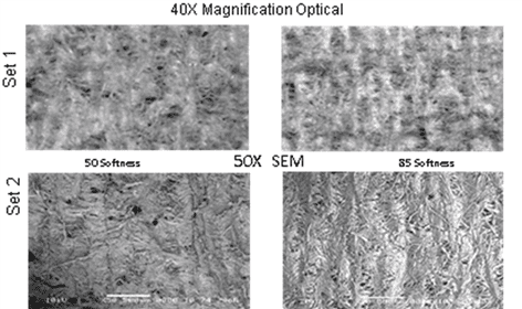 Figure 5A.   Set 1, Low magnification optical microscope pictures of the sheet surfaces.  Set 2 almost identical magnification with SEM shots of the same surfaces.  85 softness shows finer crepe and more amplitude to the crepe.