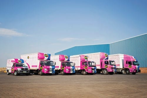 A fleet of trucks advertising the Dinu brand of tissue products