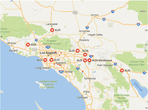 Map of initial Aldi locations in Southern California
