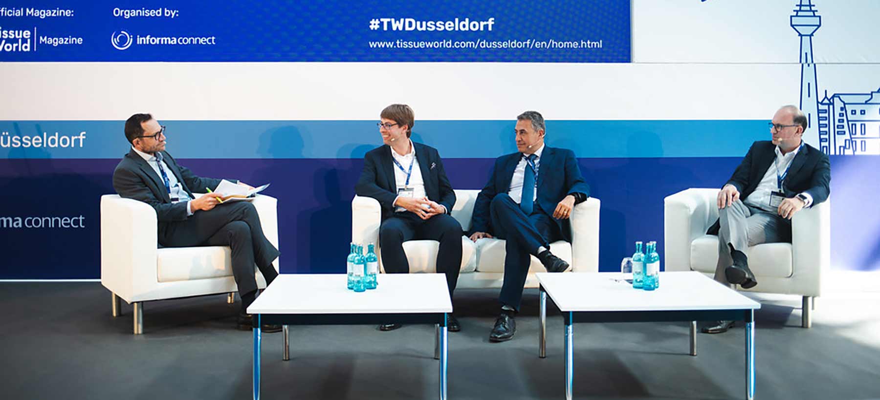 Panel discussion: Fine Hygienic Holding's Ali Jalal, centre right, participates in a panel discussion following his speech on managing pulp supply chain risk 